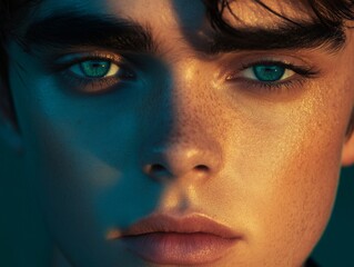Fototapeta premium Cinematic portrait of a young man with sharp blue and golden lighting, evoking a sense of depth and intrigue in a dramatic contemporary setting