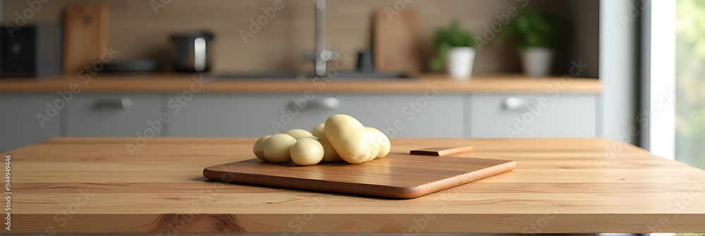 Poster wooden countertop with end grain finish and a cutting board placed in a blurred kitchen setting for 