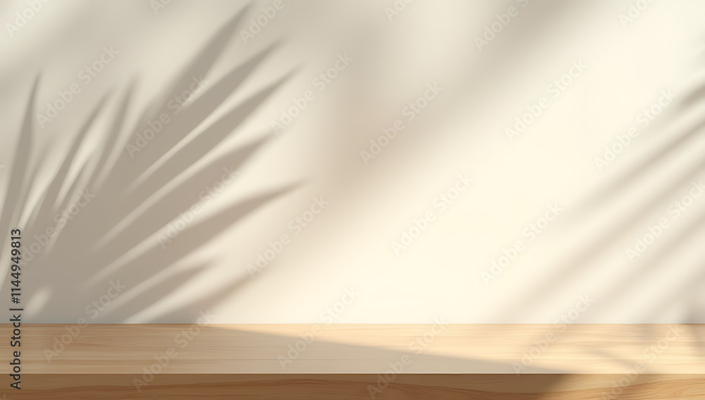 Poster Wood table or product display platform features a shadow of a palm leaf on its surface against a simple wall background._00002_