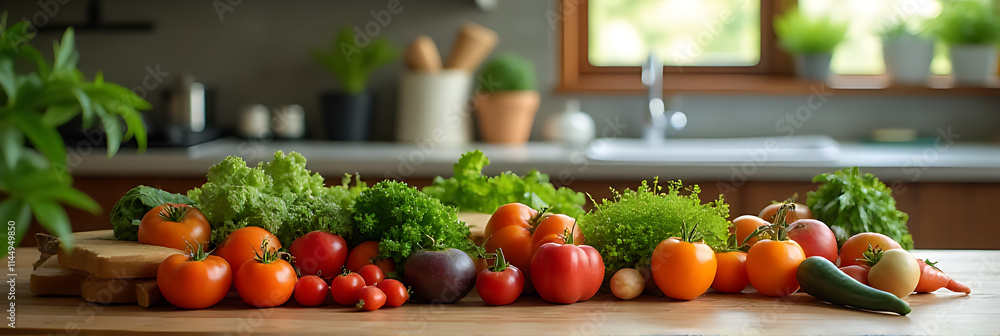 Poster Wood focused with a set of various vegetables on a kitchen table and counter bar with copy space available._00003_