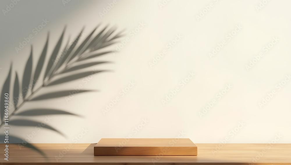 Aufkleber Wood table or product display platform features a shadow of a palm leaf on its surface against a simple wall background._00001_