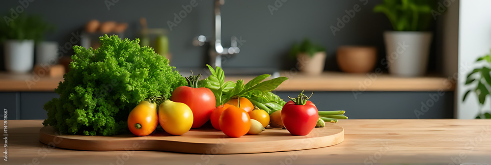 Poster wood focused with a set of various vegetables on a kitchen table and counter bar with copy space ava