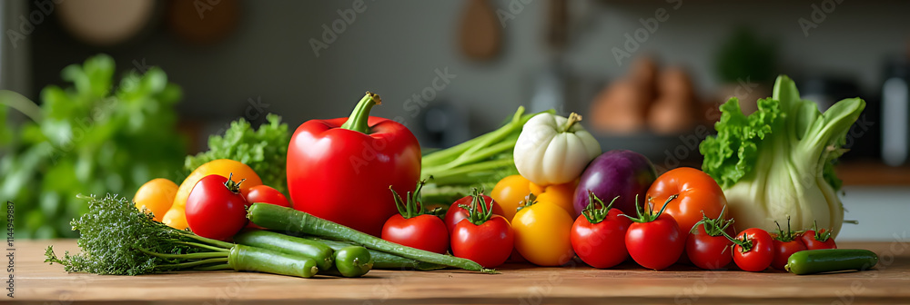 Poster Wood focused with a set of various vegetables on a kitchen table and counter bar with copy space available._00002_