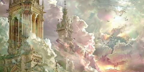 Obraz premium Gothic Towers and Cloudscape with Birds in Flight