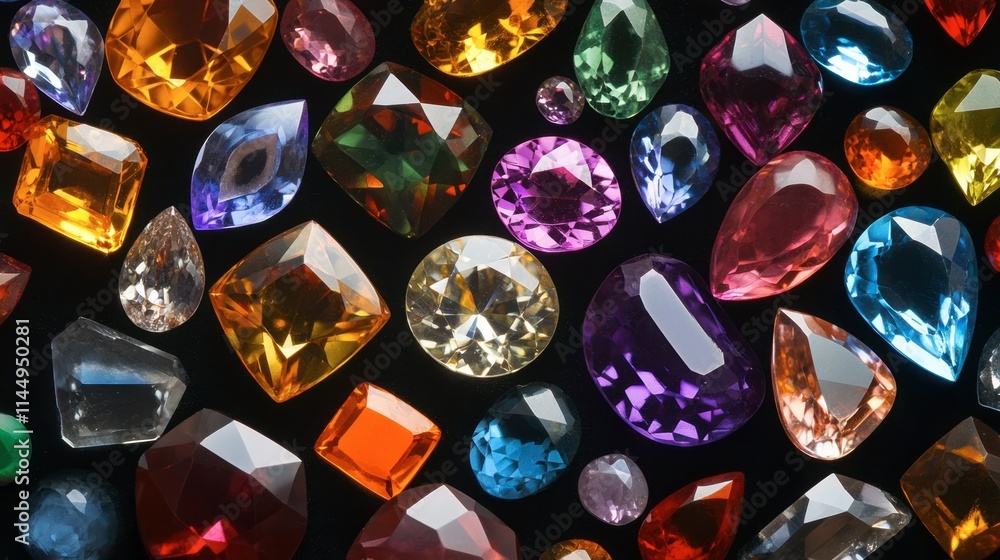 Poster assorted colorful gemstones displayed on a dark background