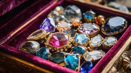 Vintage Jewelry Box Filled with Colorful Gemstones and Diamonds