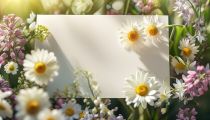 Fototapeta premium mockup Blank easter greeting card with daisies and spring flowers