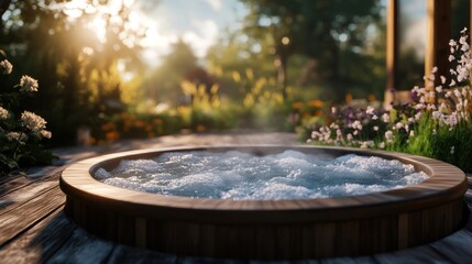 Fototapeta premium Serene hot tub in a vibrant garden setting.