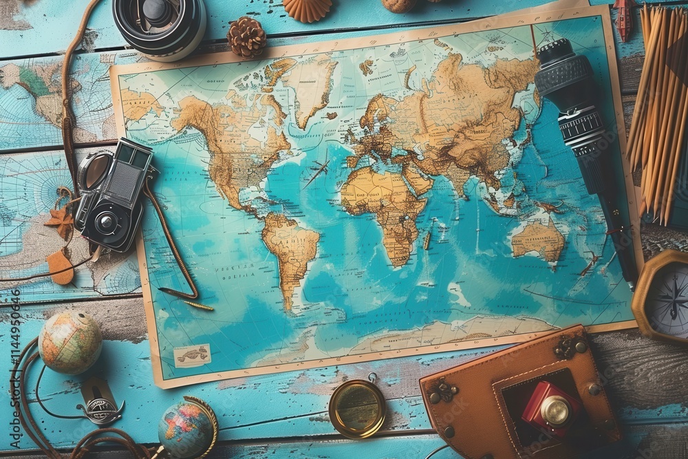 Fototapete travel memories displayed on a world map backdrop with a nostalgic touch and plenty of room for crea