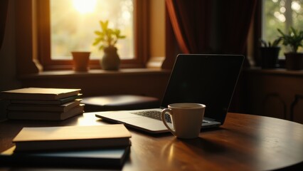 A quiet study session in a cozy room, with a laptop open next to textbooks and a cup of coffee