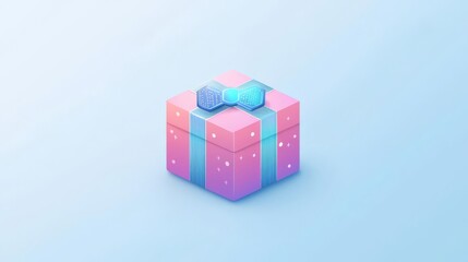 Obraz premium Colorful gift box with a blue ribbon on a soft blue background, perfect for celebrations.