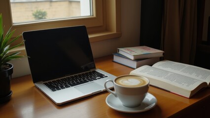 Fototapeta premium A quiet study session in a cozy room, with a laptop open next to textbooks and a cup of coffee
