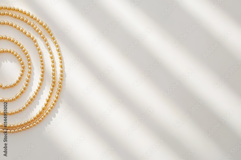 Poster clean white background with golden tasbih neatly arranged in spiral pattern under soft light