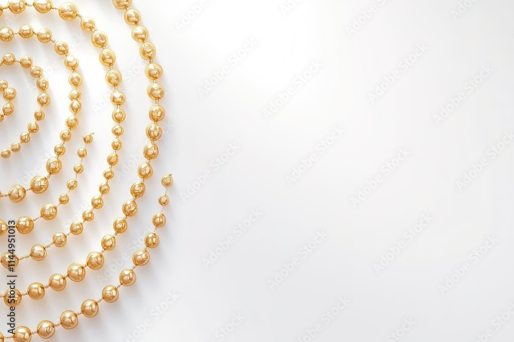 Poster clean white background with golden tasbih neatly arranged in spiral pattern under soft light
