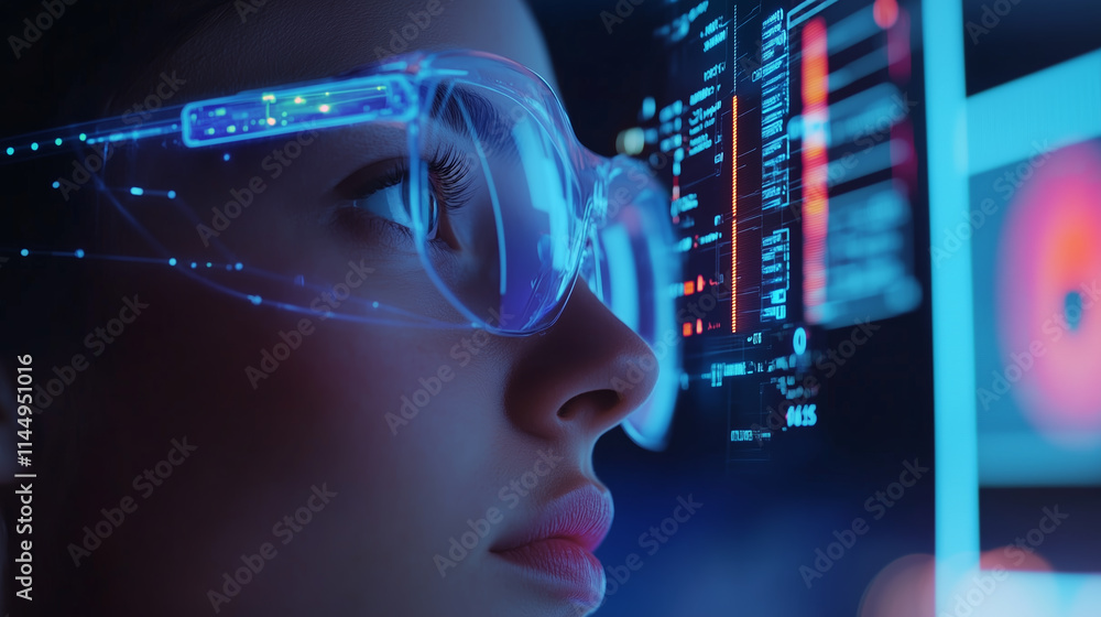 Poster young woman with futuristic glasses analyzes data on a high-tech display in a dimly lit workspace du