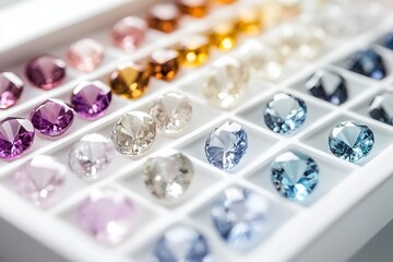 A collection of colorful gemstones arranged in a display tray.