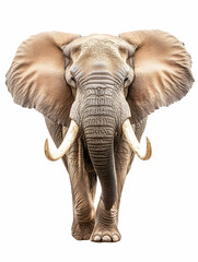 Obraz premium Majestic African Elephant Walking Towards Camera, Isolated on White Background, Wildlife Conservation.