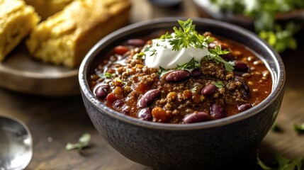 Hearty Chili with Sour Cream and Fresh Herbs on Rustic Table