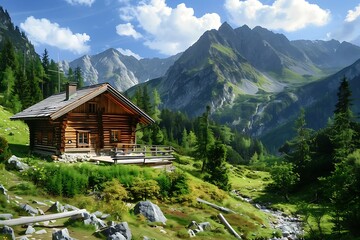 Mountain landscape with traditional swiss chalet in Switzerland.