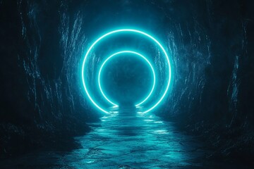 Obraz premium A glowing tunnel with neon circles, creating a futuristic atmosphere.