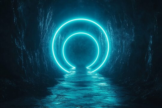 A glowing tunnel with neon circles, creating a futuristic atmosphere.