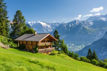 Fototapeta premium Mountain landscape with traditional swiss chalet in Switzerland.