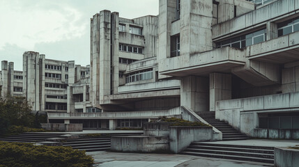 Obraz premium Brutalist concrete building complex with geometric architecture, featuring rugged exteriors and minimal landscaping