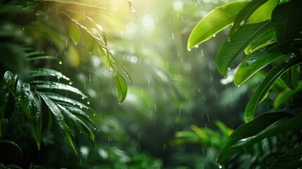 Mesmerizing lush tropical rainforest canopy bathed in ethereal sunlight beams filtering through the dense foliage creating a captivating and serene natural landscape  The vivid green hues