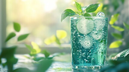 Refreshing blue drink with ice, lime, and mint.