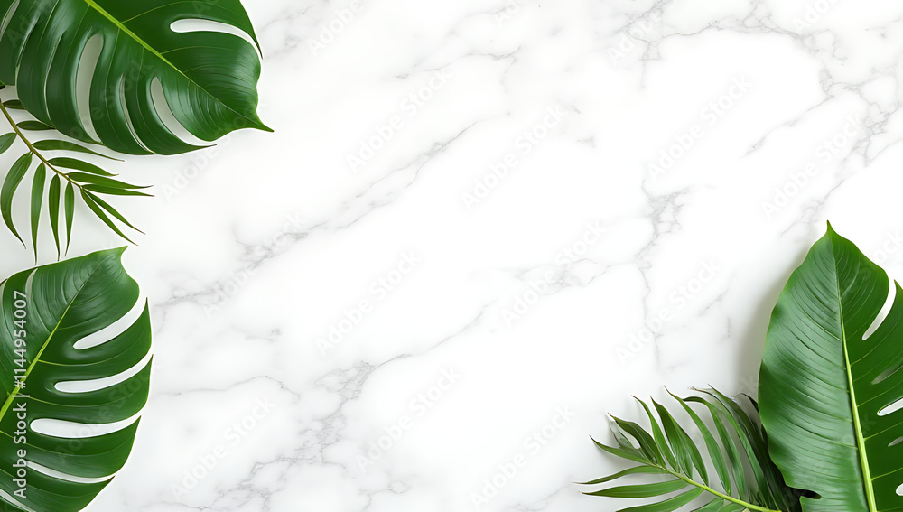 Poster tropical leaves in various shapes and sizes adorn a white marble background, creating a serene natur