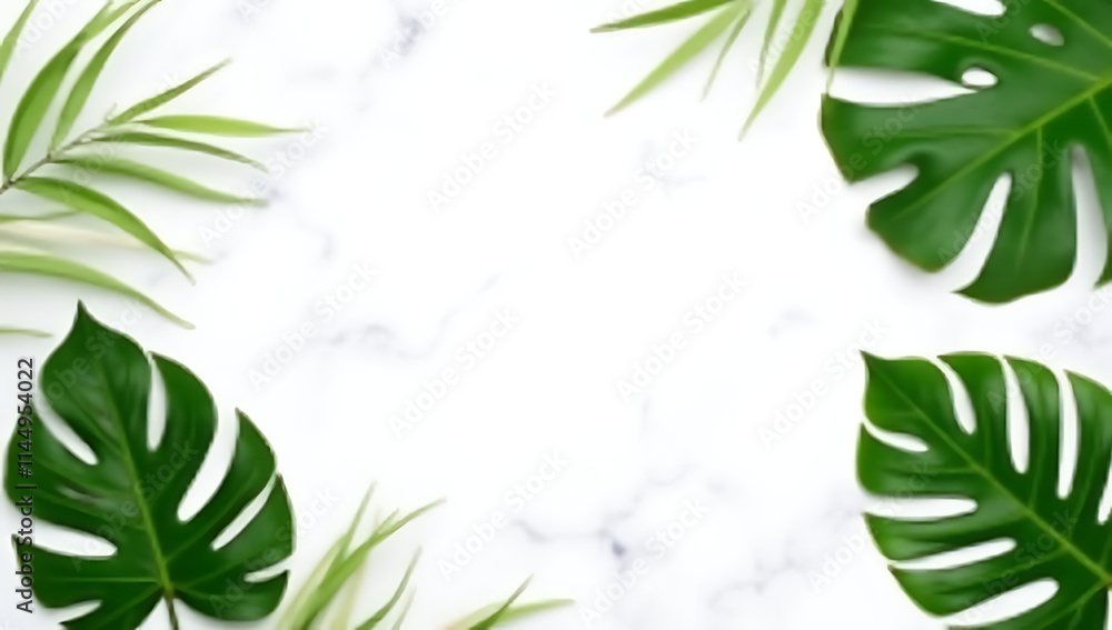 Poster tropical leaves in various shapes and sizes adorn a white marble background, creating a serene natur