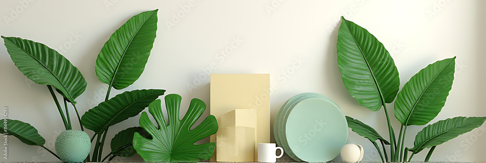 Poster tropical leaves add a unique touch to interior design when paired with soft pastel colors in a curat