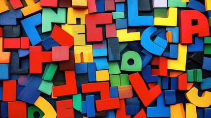 Fototapeta premium Colorful Wooden Letters and Shapes on Vibrant Background