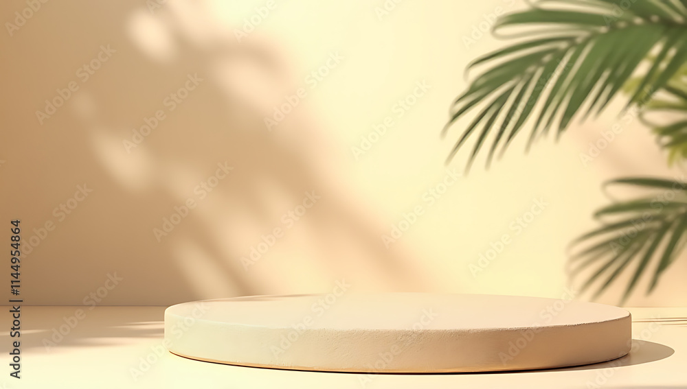 Poster Tropical design features a sandstone product display platform with a shadow of a palm leaf on a beige pastel wall._00002_