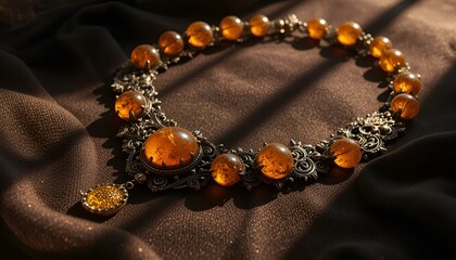 Exquisite amber necklace with detailed craftsmanship displayed on luxurious fabric 