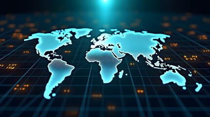 World Map in Digital Grid Design with Illuminated Highlights and Global Connectivity Elements

