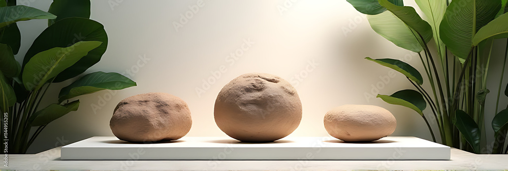 Poster Three large pieces of sandstone are placed on a minimalist display platform in a tropical setting with a subtle background._00002_