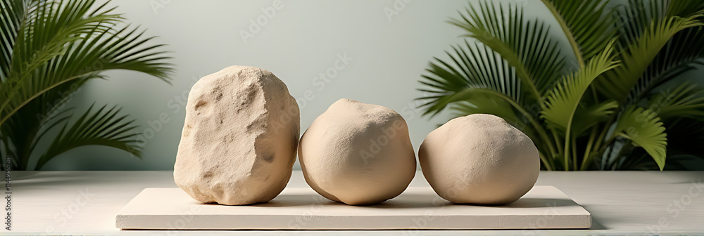 Poster Three large pieces of sandstone are placed on a minimalist display platform in a tropical setting with a subtle background._00001_