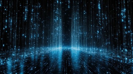 Abstract blue digital rain falling on dark background.