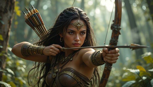 Amazon warrior aiming with a bow in a lush forest environment