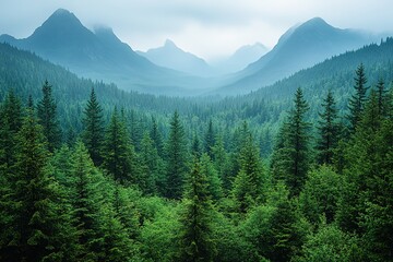 Fototapeta premium A forest with many trees and a misty sky