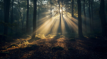 Obraz premium Sunlight filtering through tree canopies.