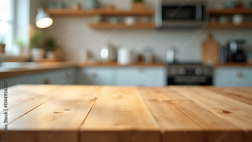 Poster The wood table top is in sharp focus while the rest of the kitchen counter remains blurred in the background._00001_