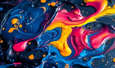 Fototapeta premium Abstract swirls of vibrant paint mix on dark surface.