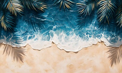 Abstract Beach Art, Palm Leaf Shadows Dance on Sand with Blue Water Waves from Above
