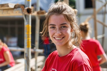 T Shirt Red. Portrait of Smiling Female Volunteers Near Construction Frame