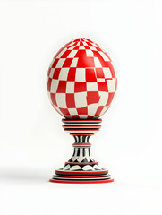Red-white checkered Easter egg on pedestal, studio shot, white background, holiday decoration.