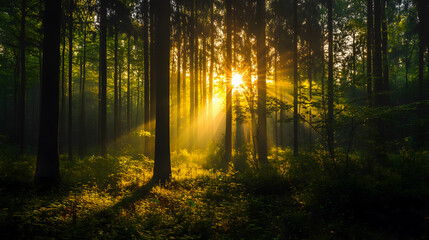 Naklejka premium Sunlight filtering through tree canopies.