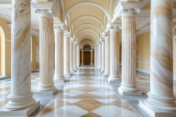 Marble classic pillars, archway, architectural decoration in fine arts museum of Saint Petersburg Stieglitz State Academy of Art and Design, Generative AI