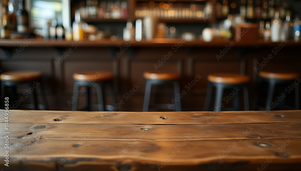 Poster the top of a wooden table is cluttered with items including a blurred counter, bar stools, and vario